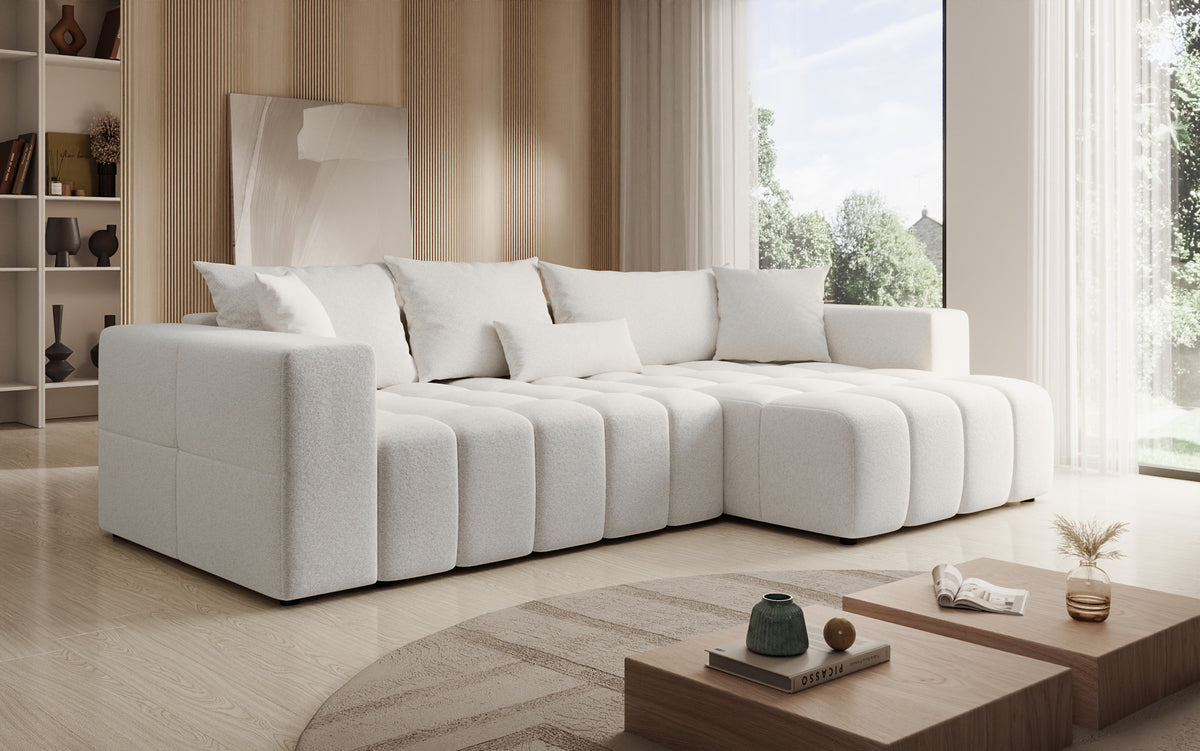 Canapé d'angle design Momo avec fonction couchage et rabattable en tissu structuré