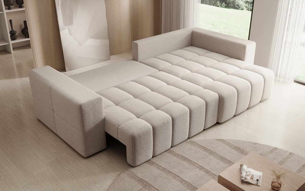 Canapé d'angle design Momo avec fonction couchage et rabattable en tissu structuré
