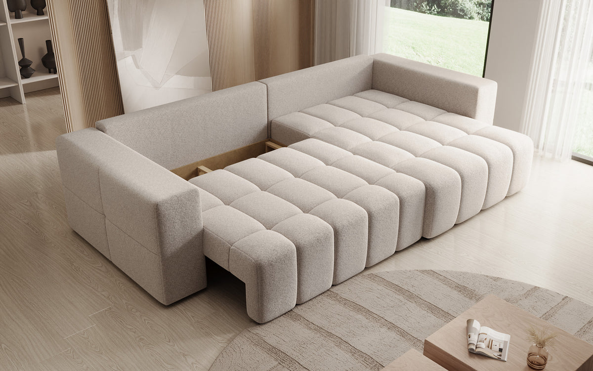 Canapé d'angle design Momo avec fonction couchage et rabattable en tissu structuré