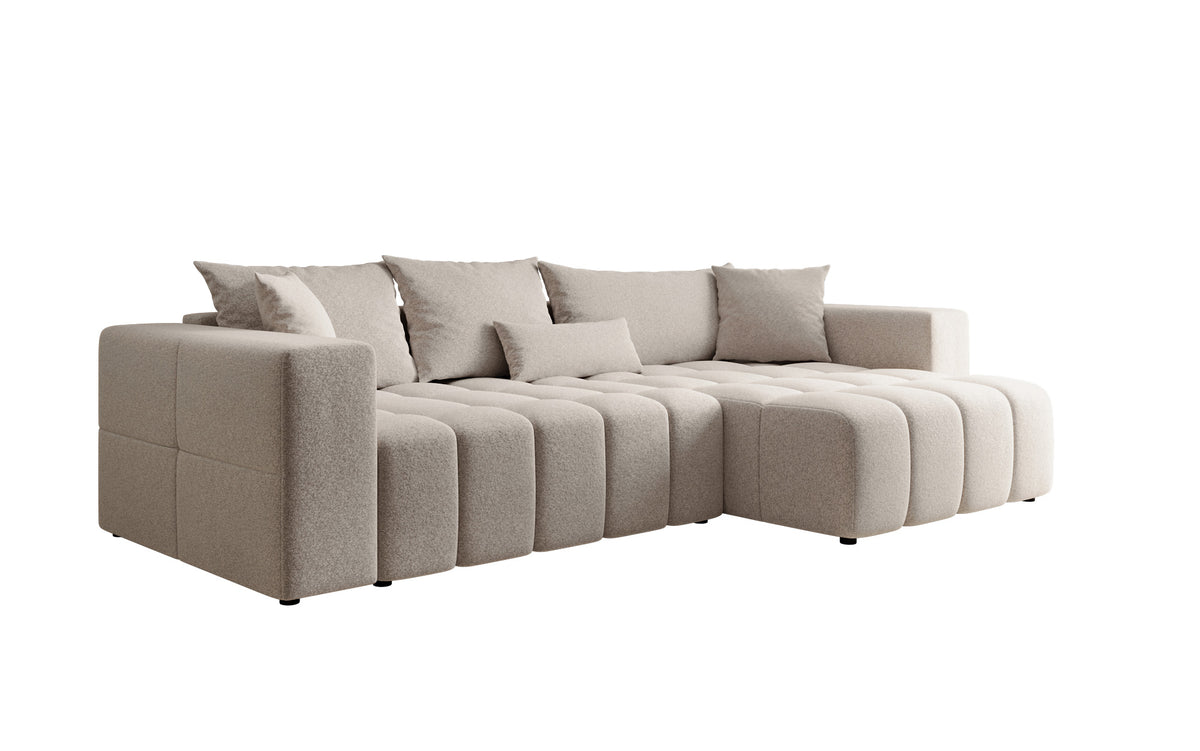 Canapé d'angle design Momo avec fonction couchage et rabattable en tissu structuré