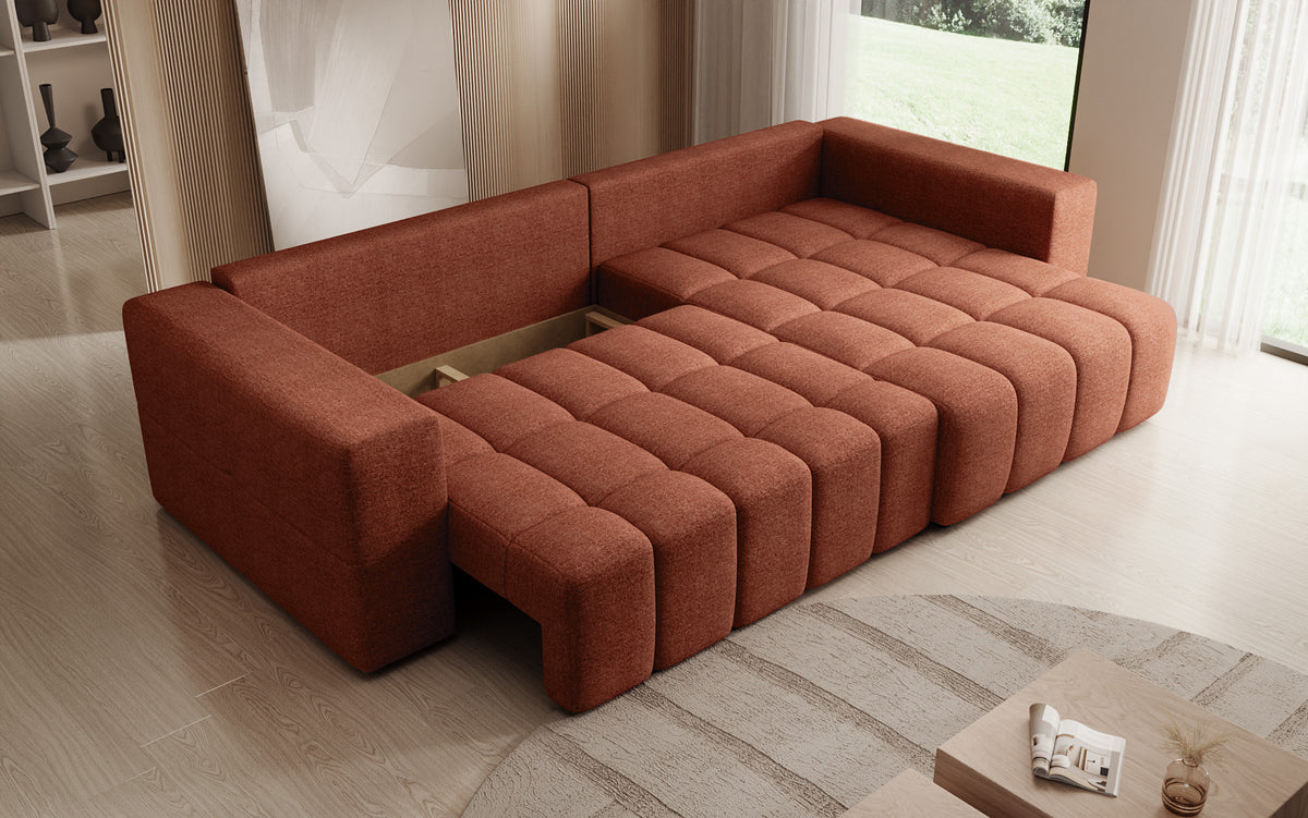 Canapé d'angle design Momo avec fonction couchage et rabattable en tissu structuré