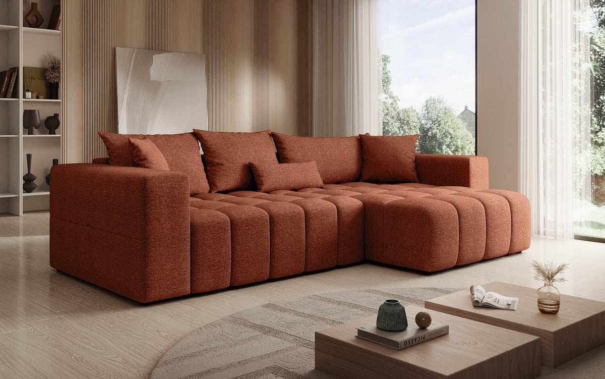 Canapé d'angle design Momo avec fonction couchage et rabattable en tissu structuré