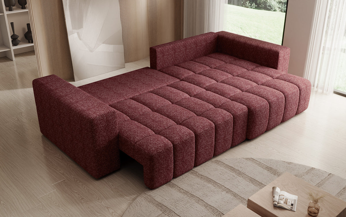 Canapé d'angle design Momo avec fonction couchage et rabattable en tissu structuré