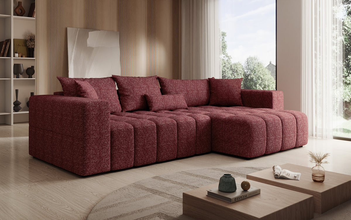 Canapé d'angle design Momo avec fonction couchage et rabattable en tissu structuré