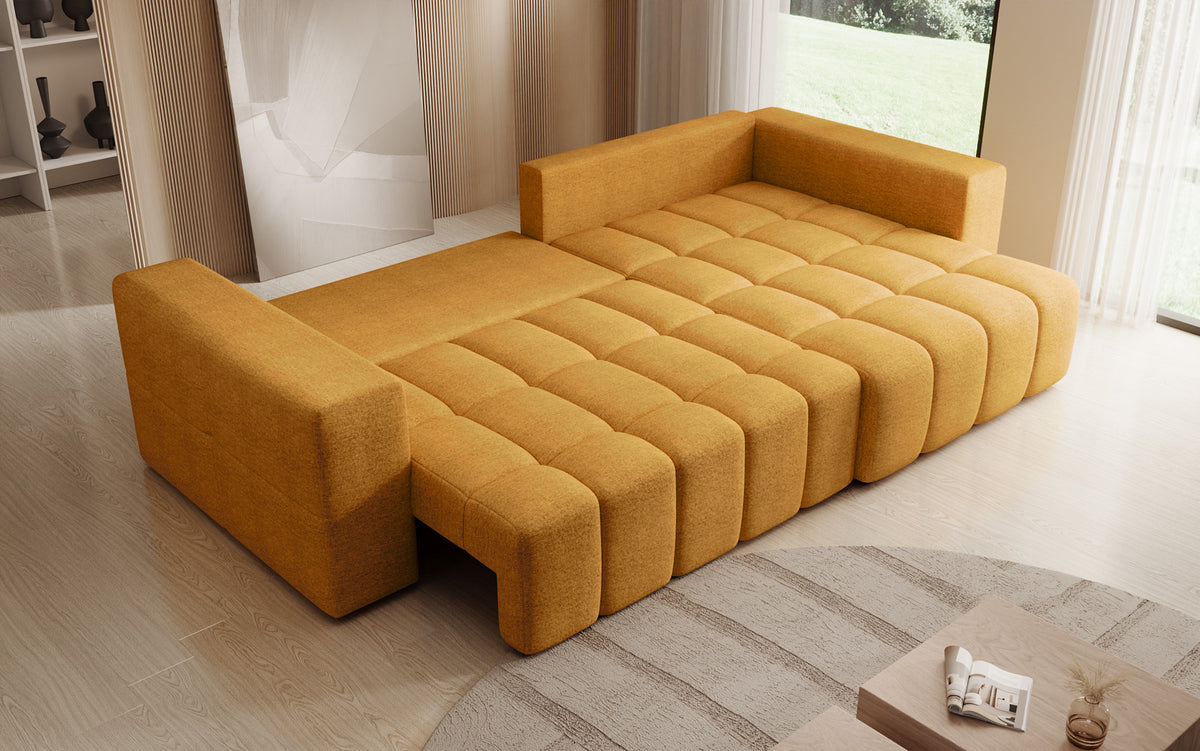 Canapé d'angle design Momo avec fonction couchage et rabattable en tissu structuré