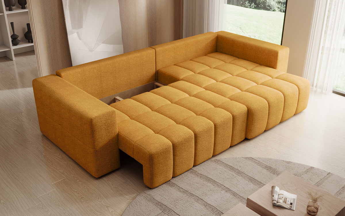 Canapé d'angle design Momo avec fonction couchage et rabattable en tissu structuré