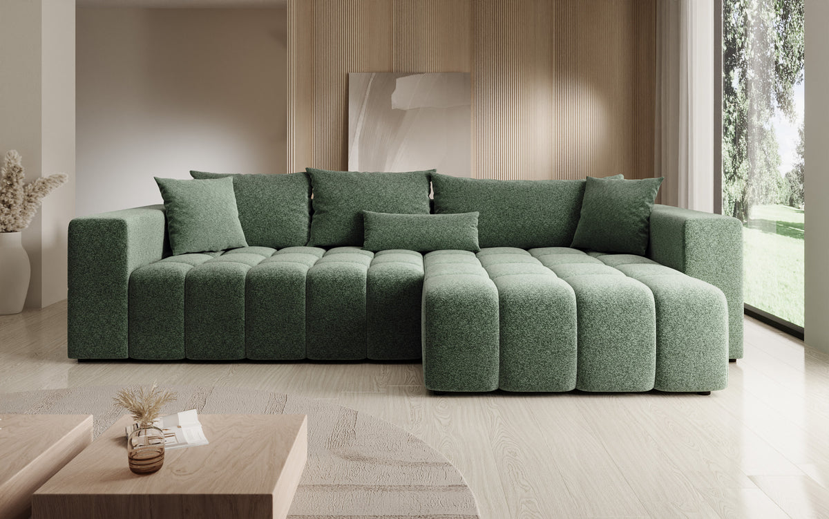 Canapé d'angle design Momo avec fonction couchage et rabattable en tissu structuré