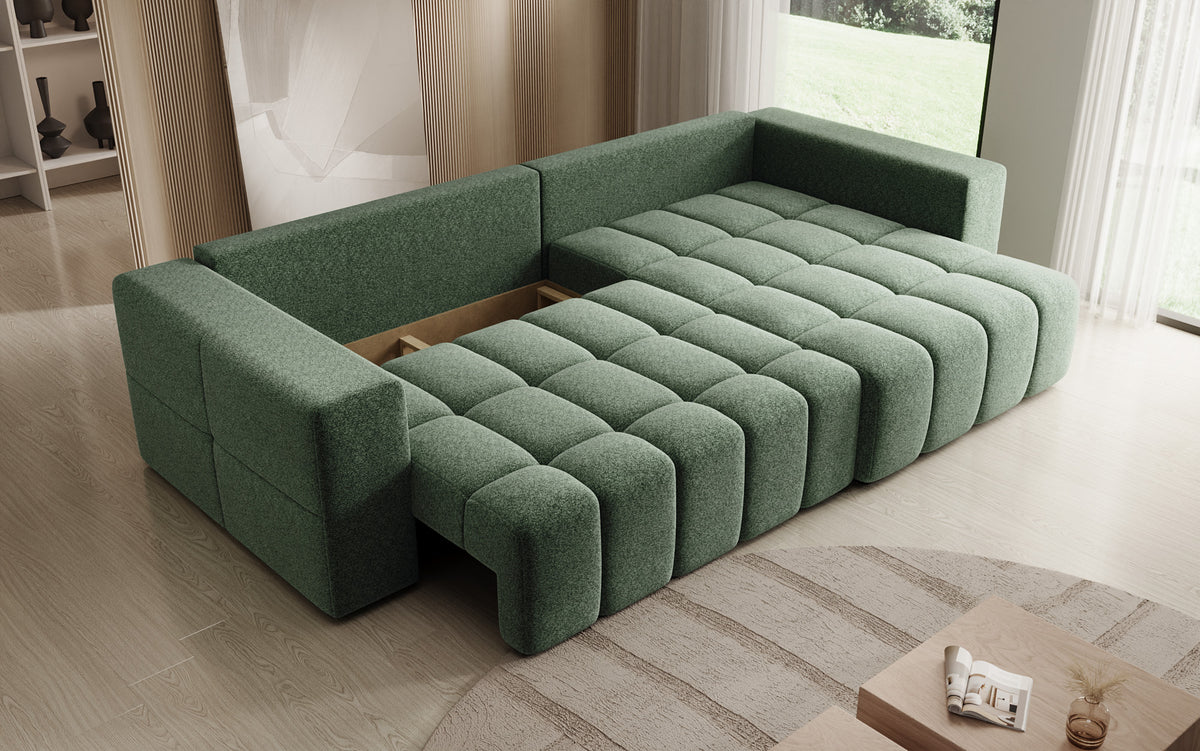 Canapé d'angle design Momo avec fonction couchage et rabattable en tissu structuré