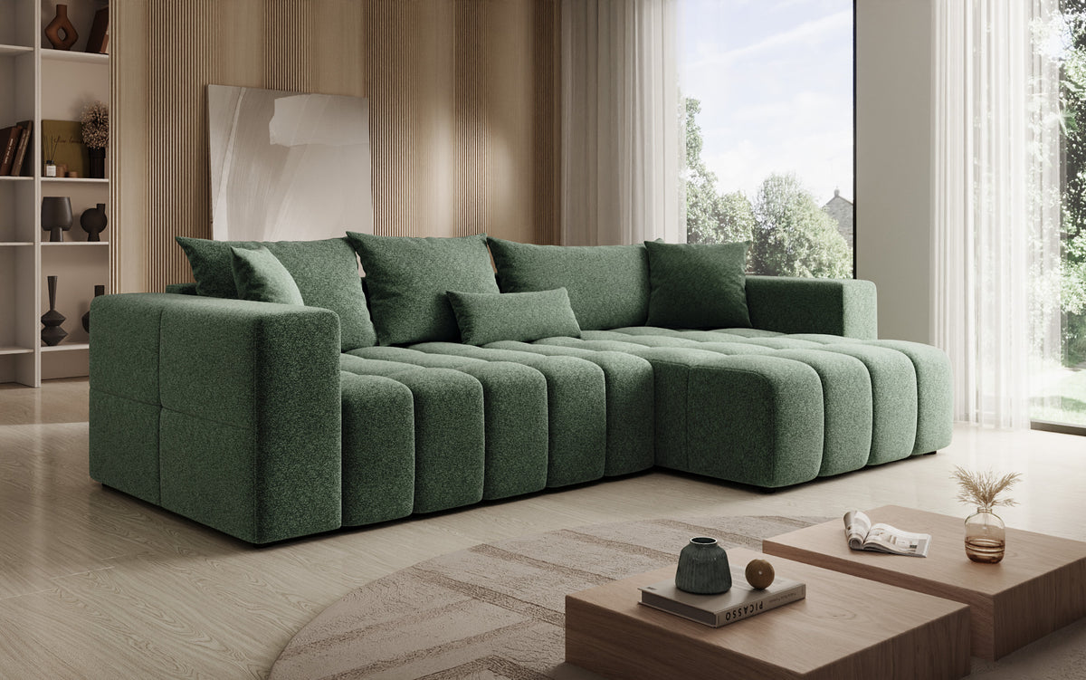 Canapé d'angle design Momo avec fonction couchage et rabattable en tissu structuré