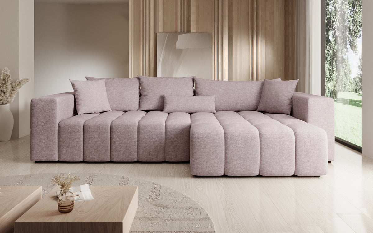 Canapé d'angle design Momo avec fonction couchage et rabattable en tissu structuré