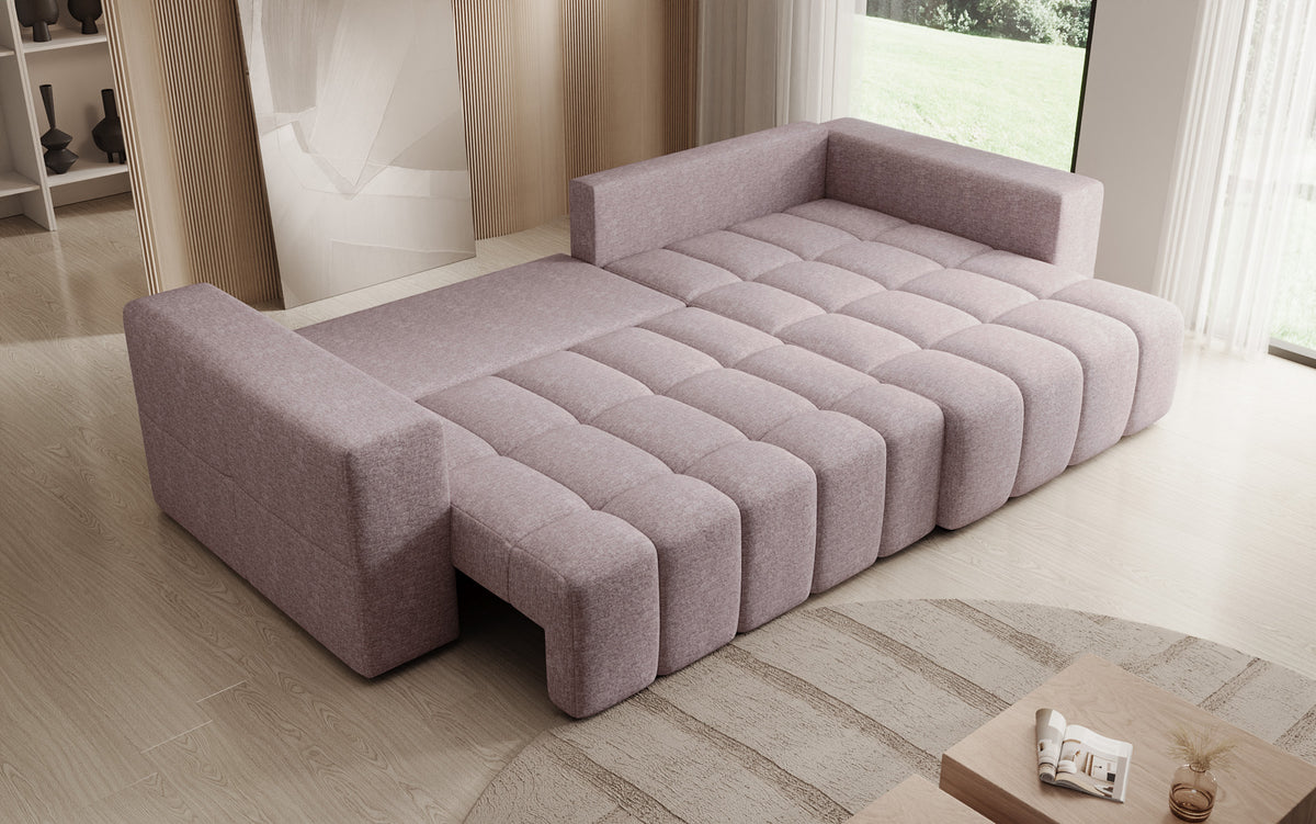 Canapé d'angle design Momo avec fonction couchage et rabattable en tissu structuré