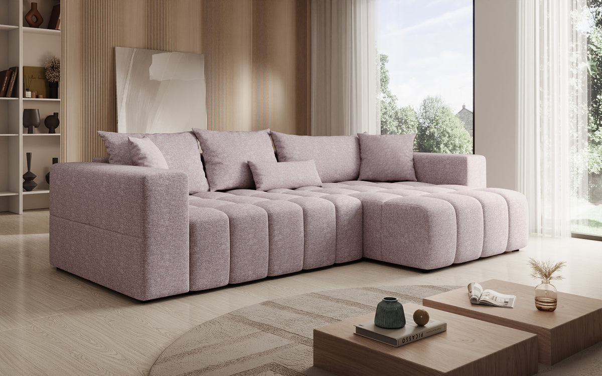 Canapé d'angle design Momo avec fonction couchage et rabattable en tissu structuré