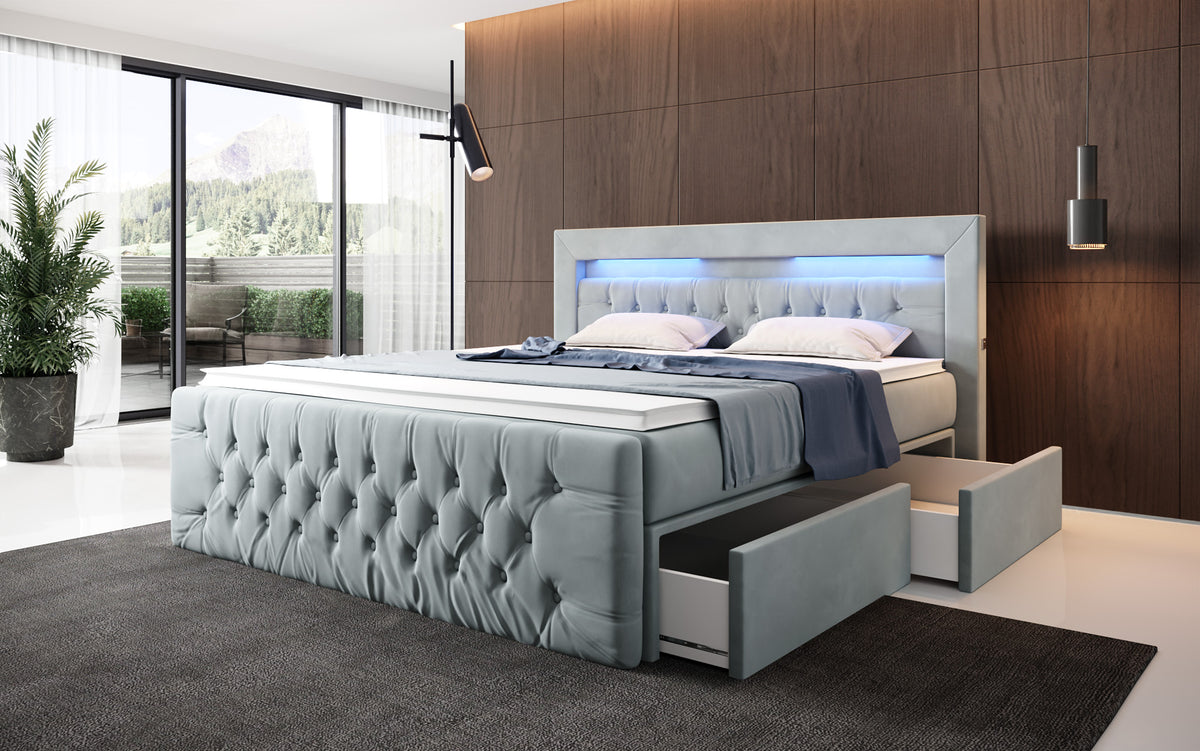 Boxspringbett Menzogna Samt mat LED an Späicherplaz (2 Schubladen)