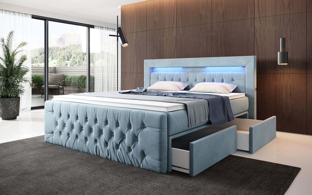 Boxspringbett Menzogna Samt mat LED an Späicherplaz (2 Schubladen)