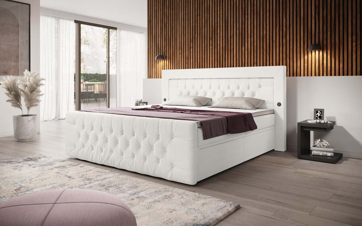 Lit à sommier tapissier Diva Bouclé avec USB, LED et 2 tiroirs