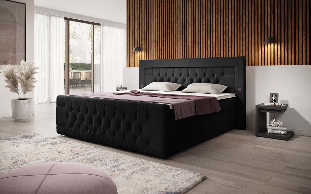 Lit à sommier tapissier Diva Bouclé avec USB, LED et 2 tiroirs