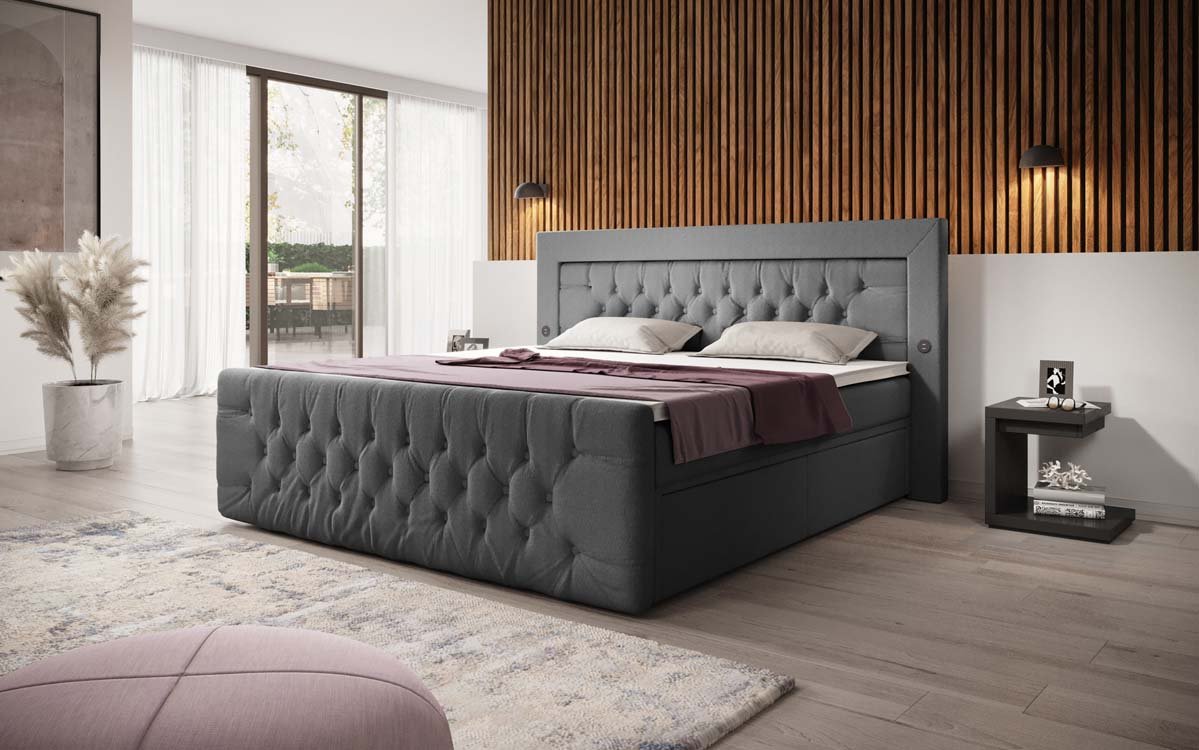 Lit à sommier tapissier Diva Bouclé avec USB, LED et 2 tiroirs