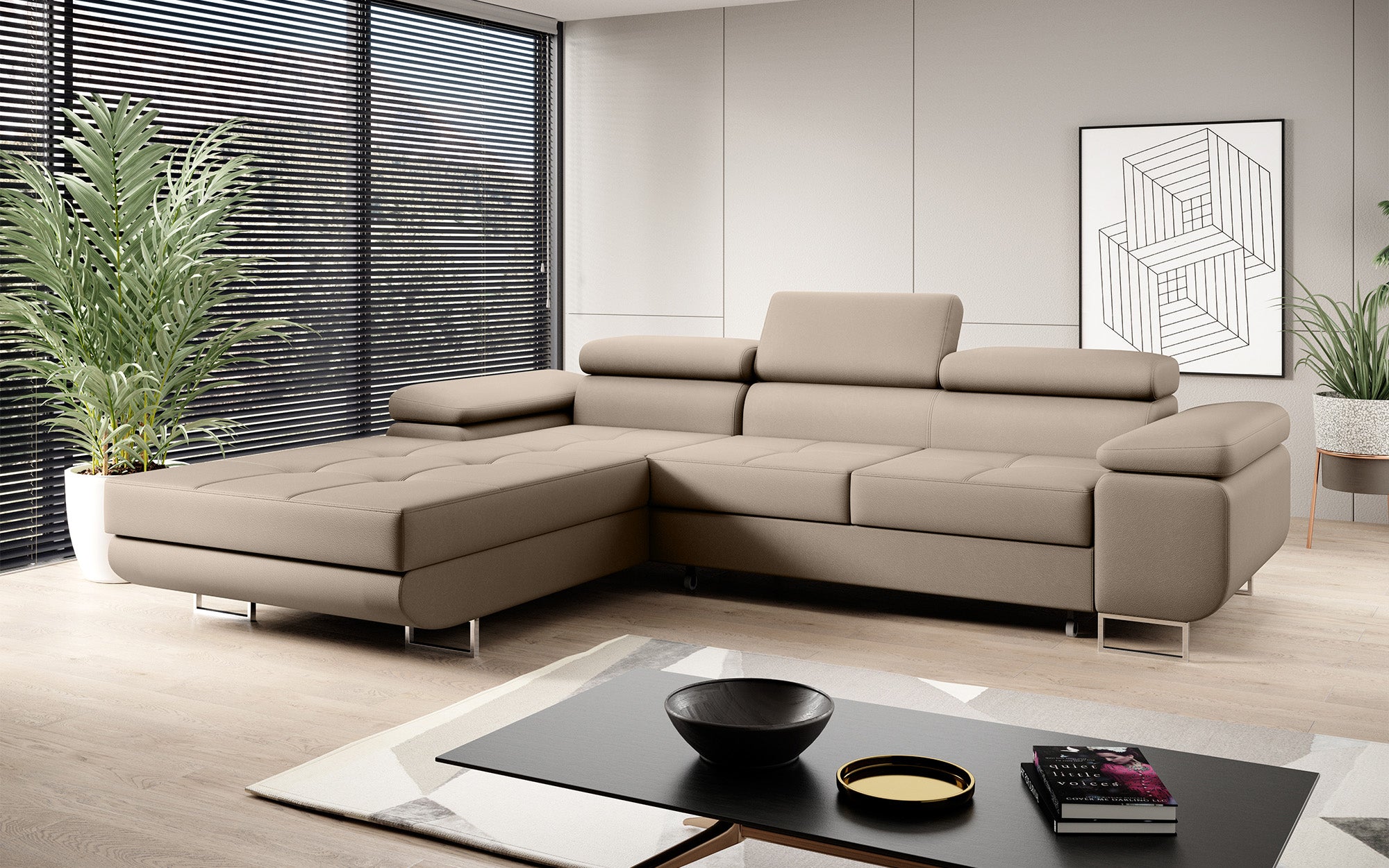 Designer Sofa Calvera mat Schloof- an Zouschloffunktioun a Kënschtläder