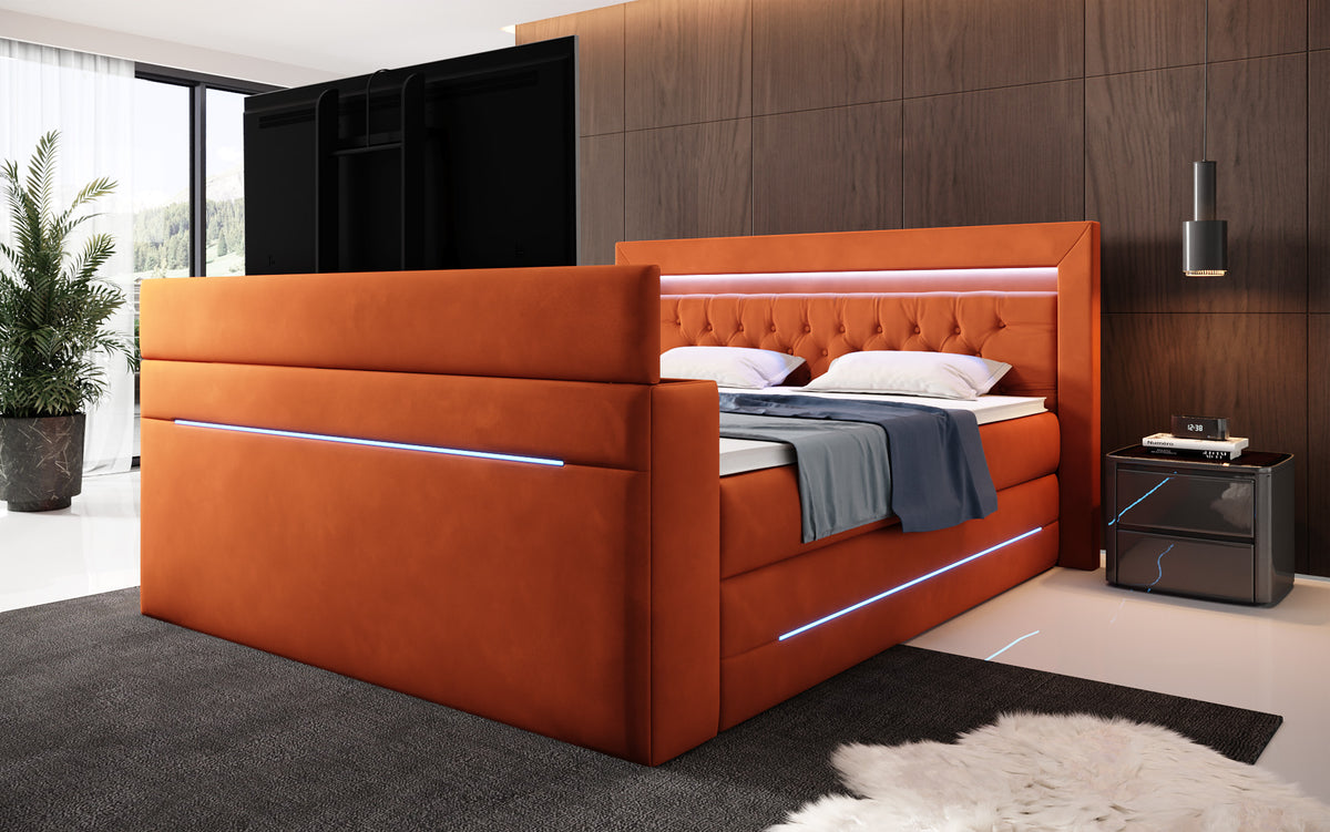 Boxspringbett Pluto mat TV Lift, RGB an Stauraum