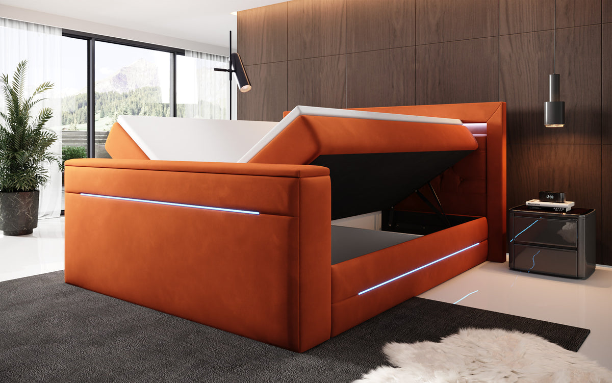 Boxspringbett Pluto mat TV Lift, RGB an Stauraum