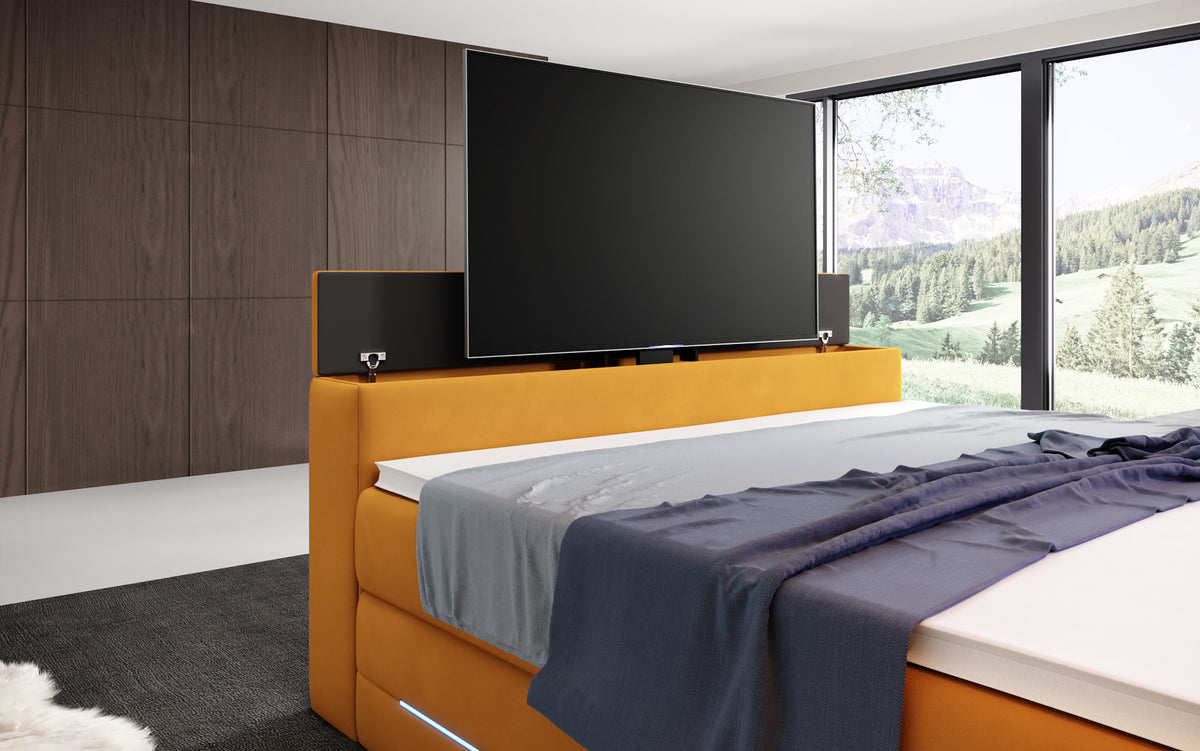 Boxspringbett Pluto mat TV Lift, RGB an Stauraum