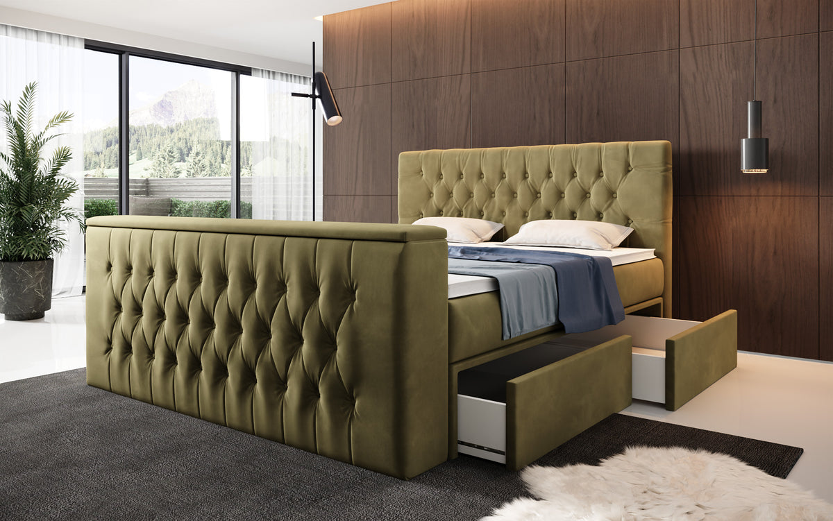 Boxspringbett Vulnero mat TV Lift an Stauraum (2 Schubladen)