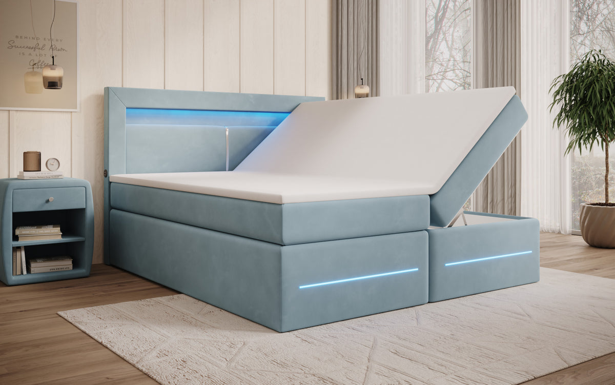 Boxspringbett Minera mat LED, USB an Späicherplatz