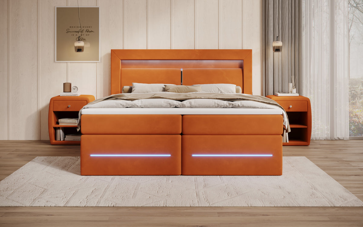 Boxspringbett Minera mat LED, USB an Späicherplatz