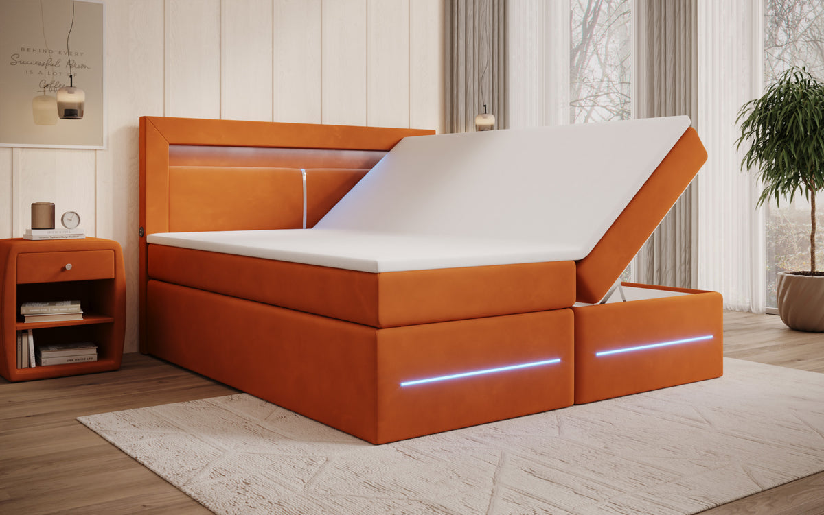 Boxspringbett Minera mat LED, USB an Späicherplatz