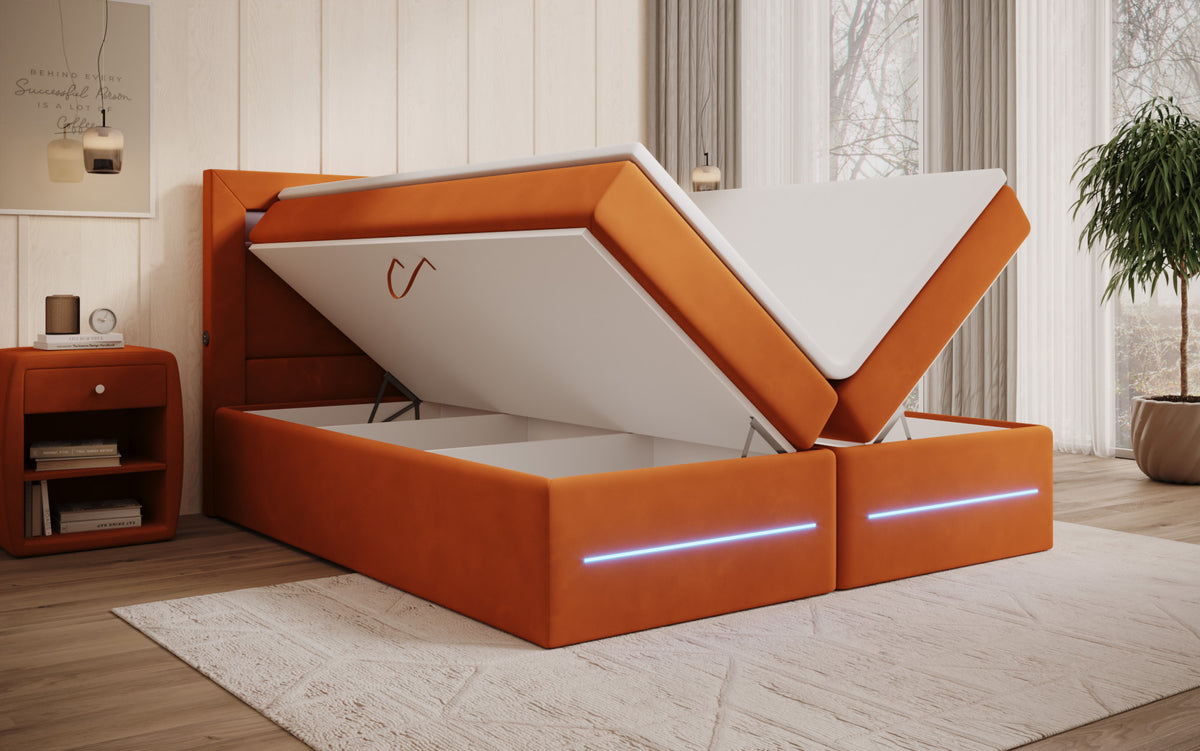 Boxspringbett Minera mat LED, USB an Späicherplatz