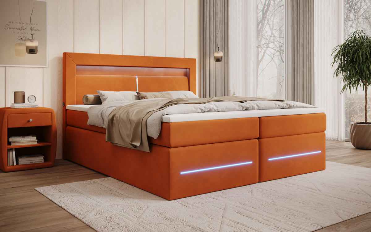Boxspringbett Minera mat LED, USB an Späicherplatz