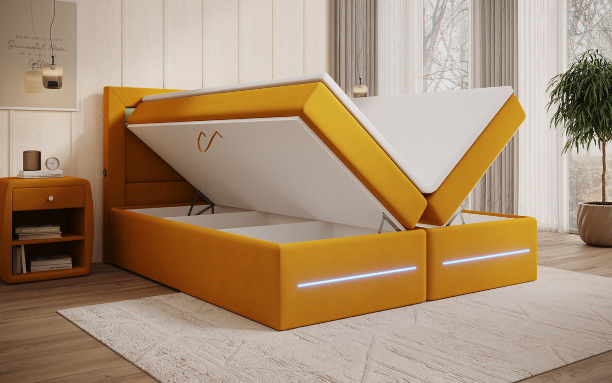Boxspringbett Minera mat LED, USB an Späicherplatz