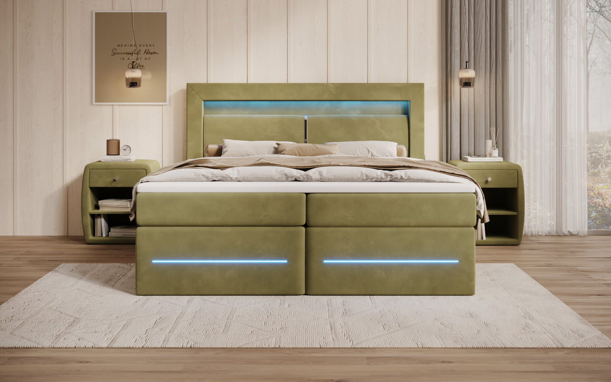 Boxspringbett Minera mat LED, USB an Späicherplatz