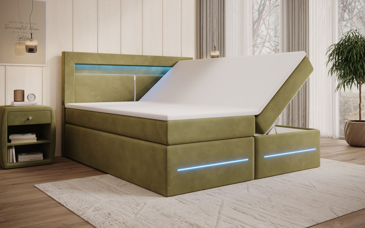 Boxspringbett Minera mat LED, USB an Späicherplatz