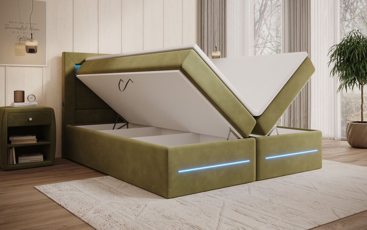 Boxspringbett Minera mat LED, USB an Späicherplatz
