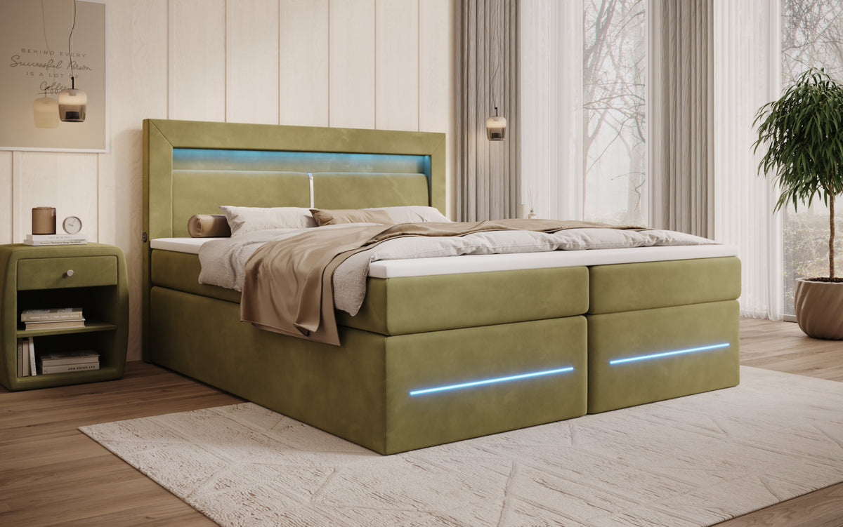 Boxspringbett Minera mat LED, USB an Späicherplatz