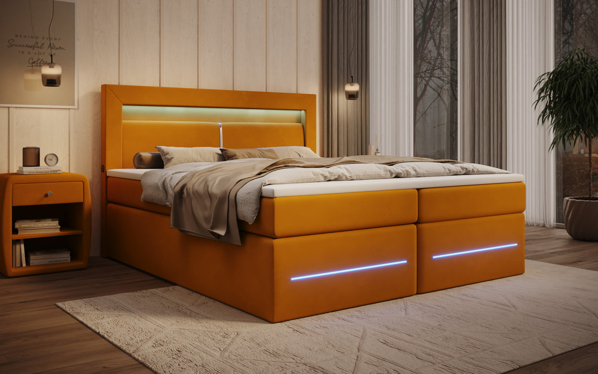 Boxspringbett Minera mat LED, USB an Späicherplatz