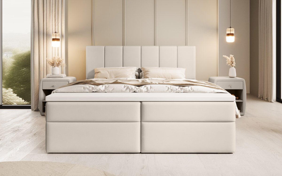 Lit à sommier tapissier en tissu Aurelia avec espace de rangement