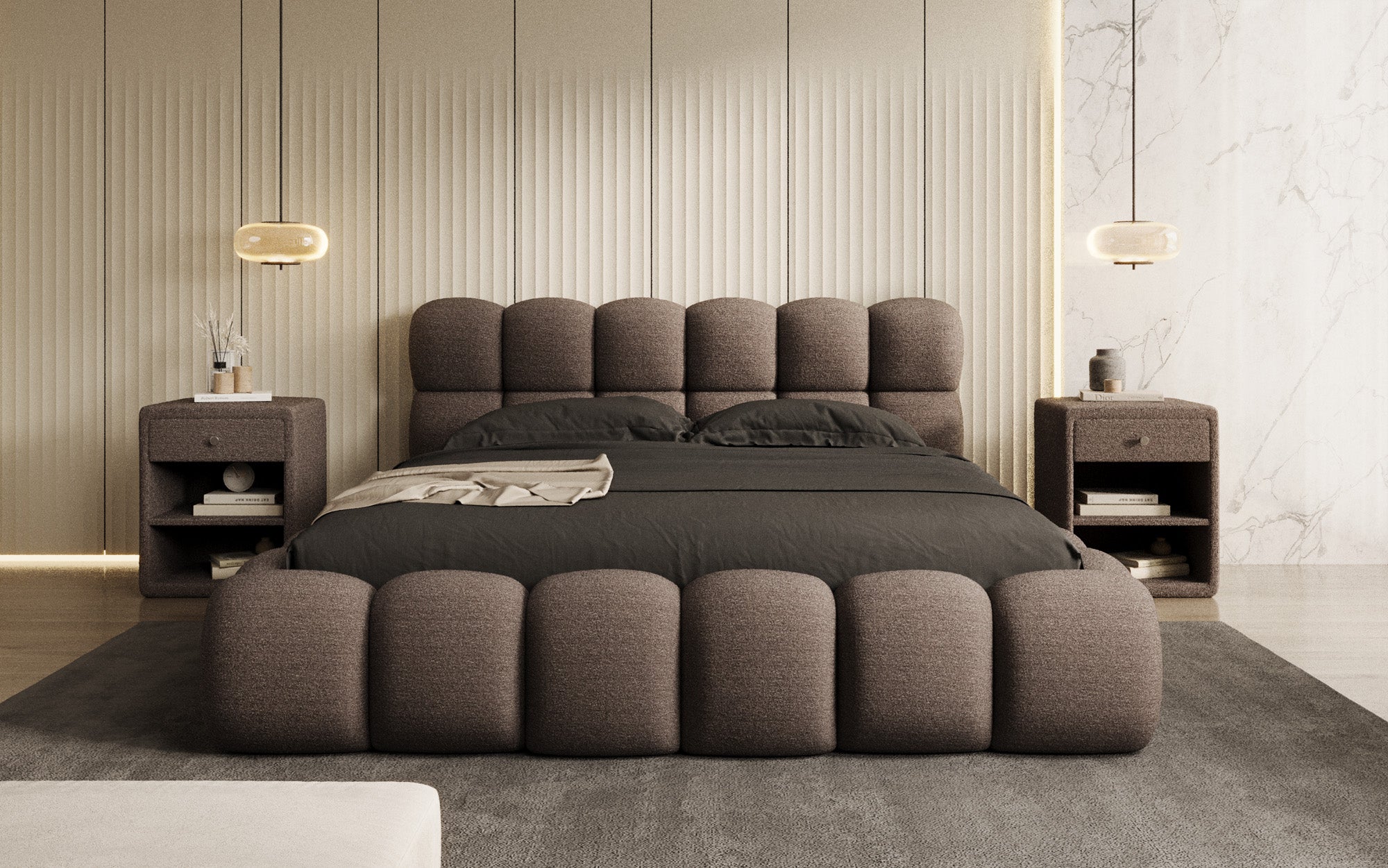 Designer Boston Bouclé upholstered bed with storage