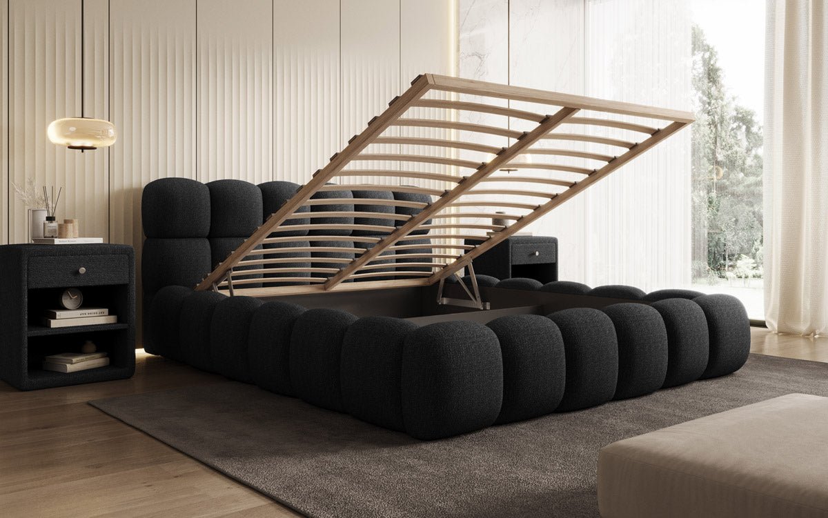 Designer Polsterbett Boston Bouclé mat Späicherplatz inkl. Opbau