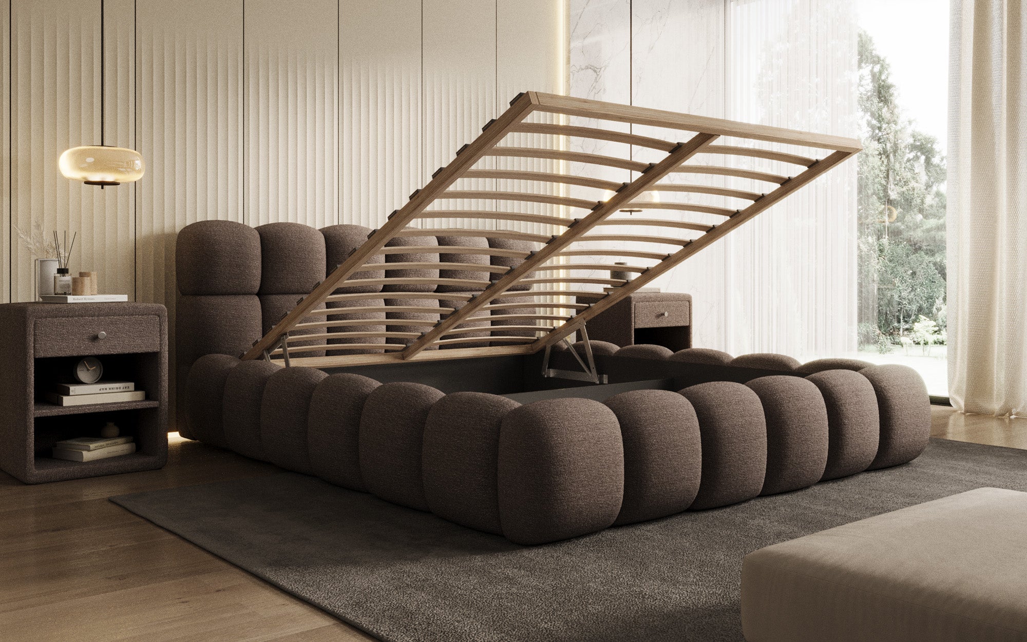 Designer Boston Bouclé upholstered bed with storage