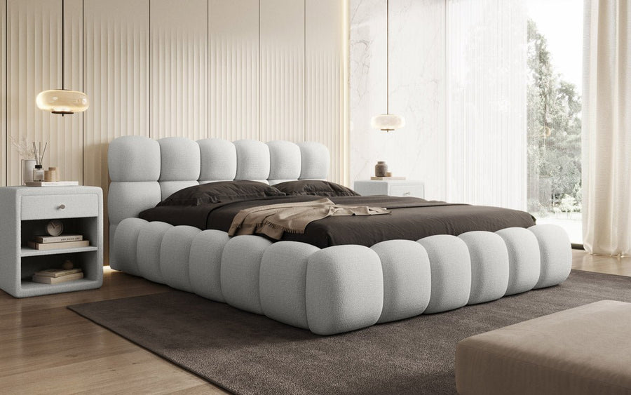 Designer Polsterbett Boston Bouclé mat Stauraum