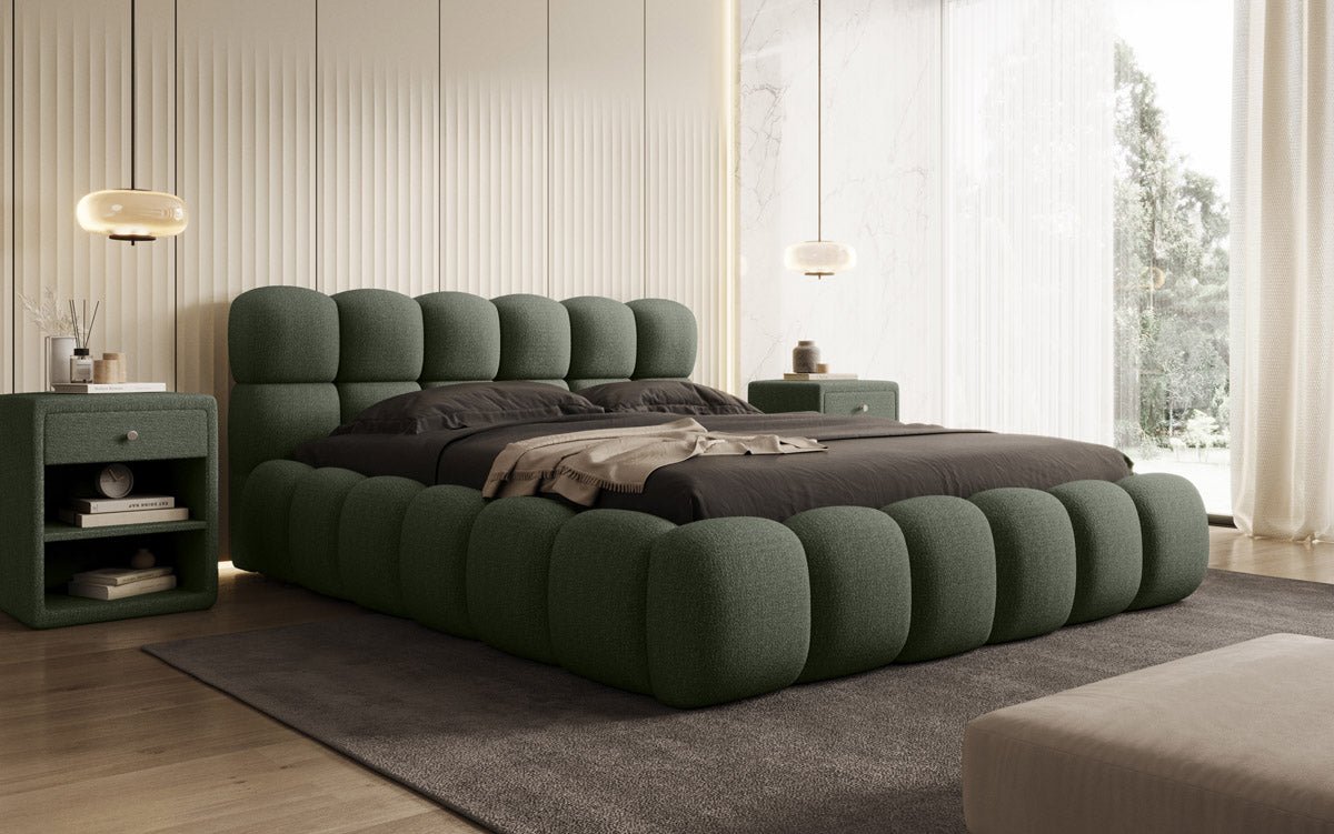Designer Polsterbett Boston Bouclé mat Späicherplatz inkl. Opbau