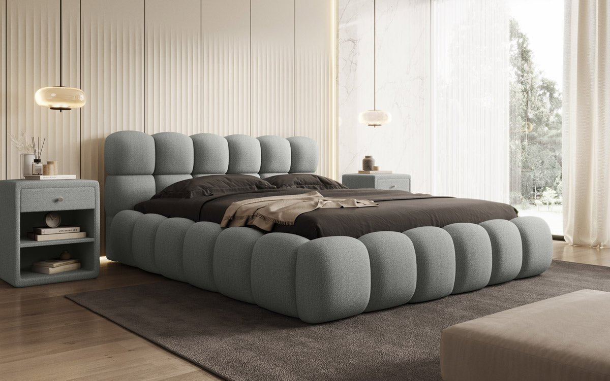 Designer Polsterbett Boston Bouclé mat Späicherplatz inkl. Opbau