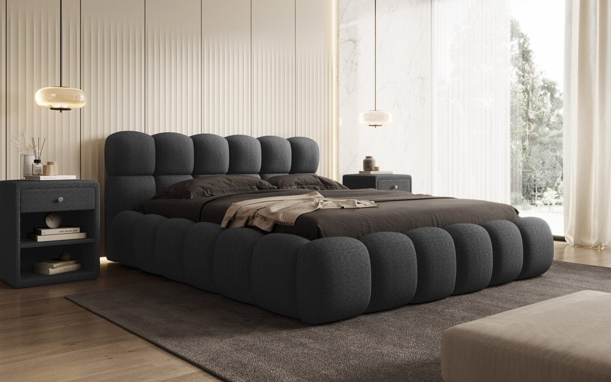 Designer Polsterbett Boston Bouclé mat Späicherplatz inkl. Opbau