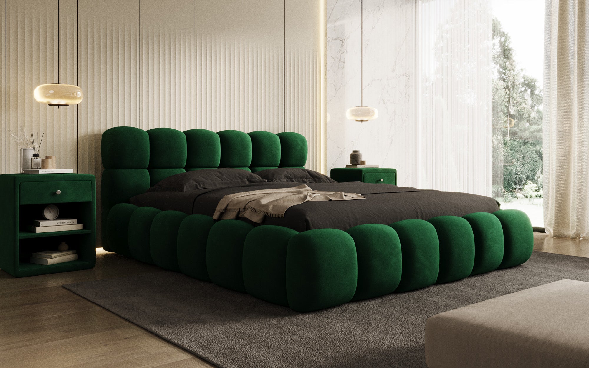 Lit capitonné designer Boston Velours avec espace de rangement