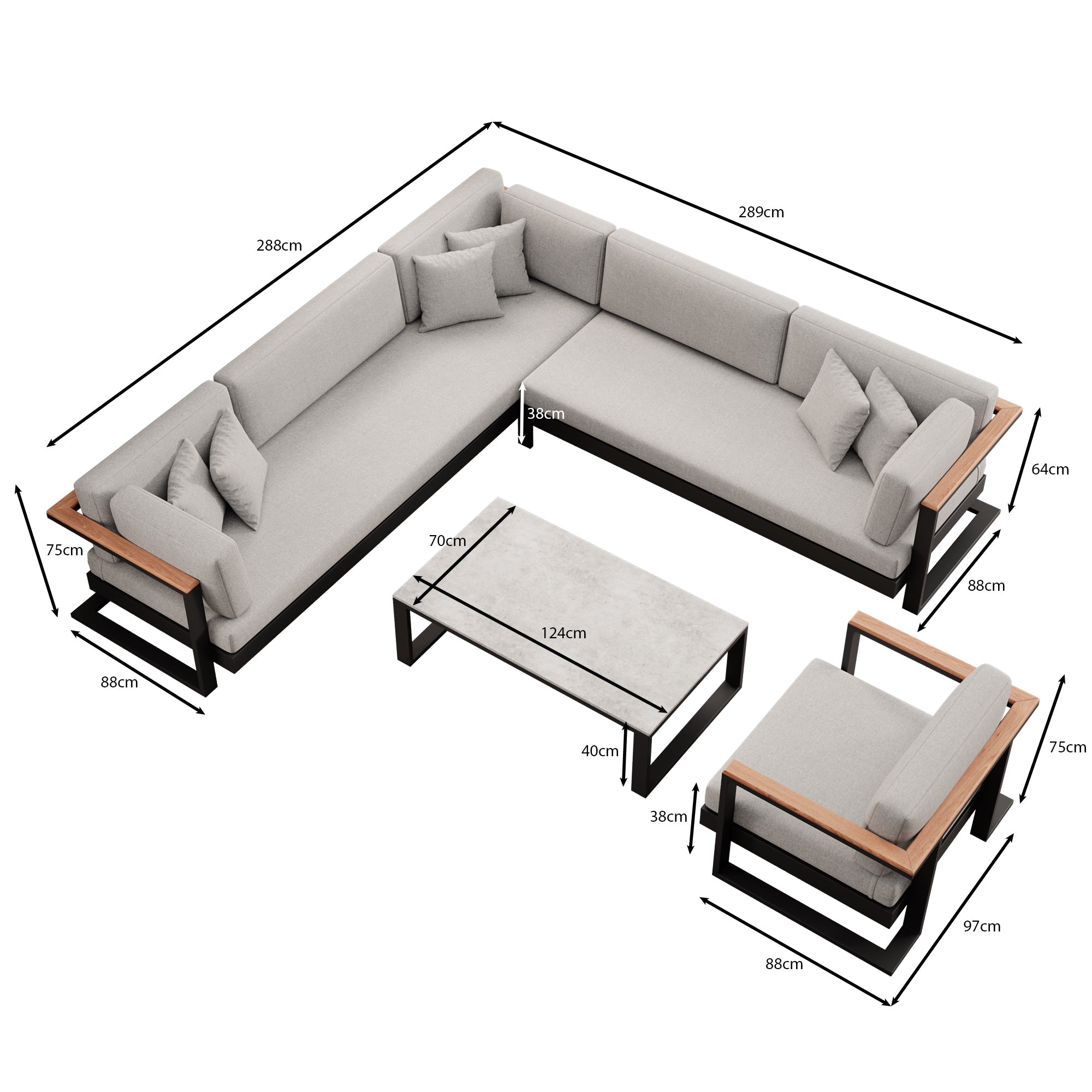 Vayla – Loungegrupp mat Ecksofa, Loungesessel & Dësch aus schwaarzem Aluminium | Aevora™ Kollektioun