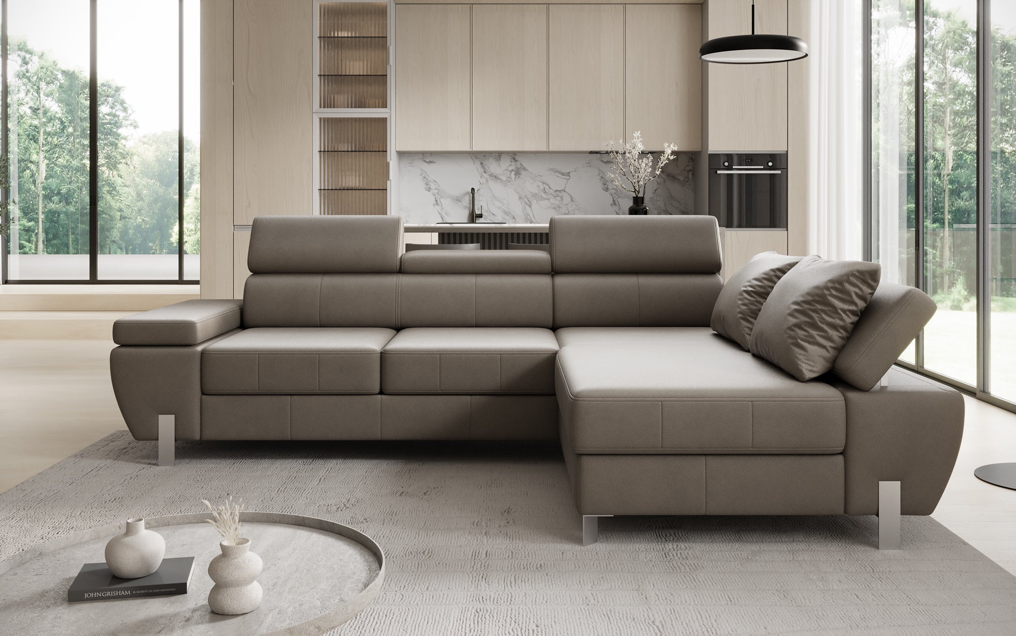 Designer L Sofa Calista with Sleeping Function and Storage in Genuine Leather