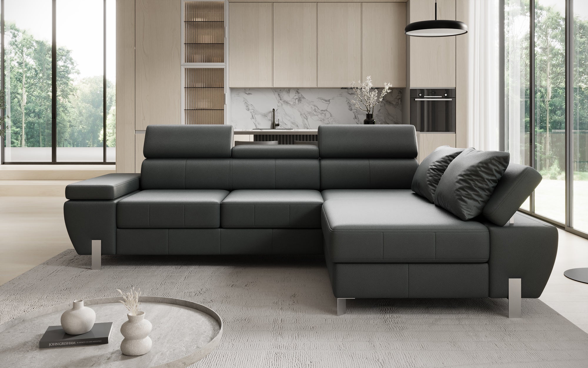 Designer L Sofa Calista with Sleeping Function and Storage in Genuine Leather