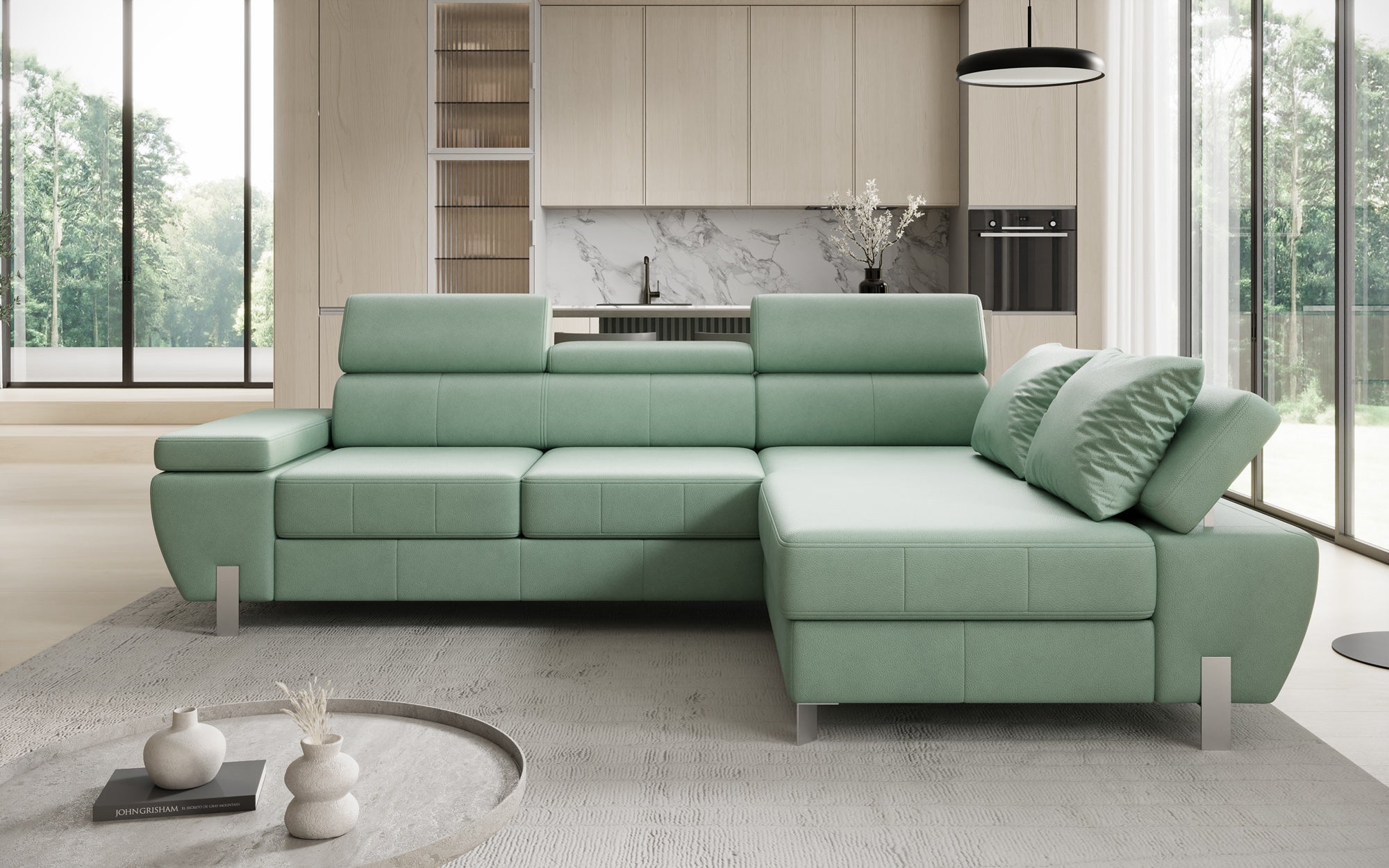 Designer L Sofa Calista with Sleeping Function and Storage in Genuine Leather